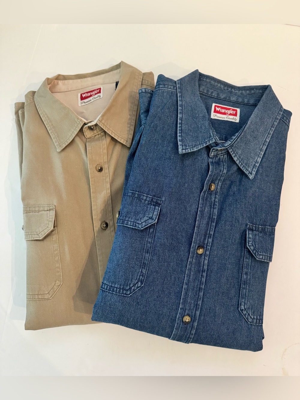 Wrangler Tan & Indigo Chambray Denim Casual Button-down Rugged Shirts, set of 2